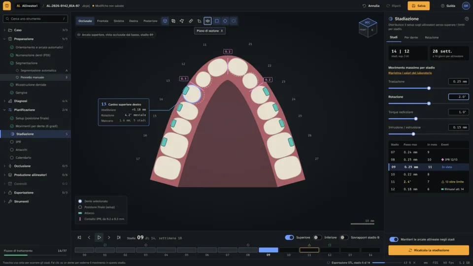 Area di lavoro Allineatori di DentalCraft con una scansione dentale nel viewport 3D su GPU e i gruppi di menu a lato.